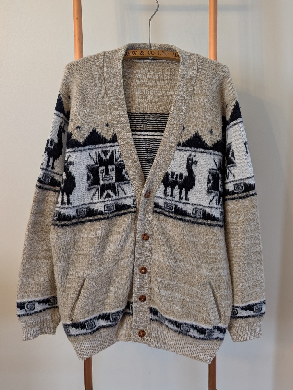 Unisex Handmade Peruvian Beige Patterned Button-Front Cardigan Sweater GORGEOUS